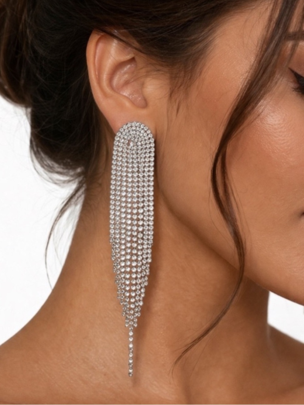 NWT Silver Rhinestone Fringe Drop Earrings | Long Crystal Dangle Statement Glam